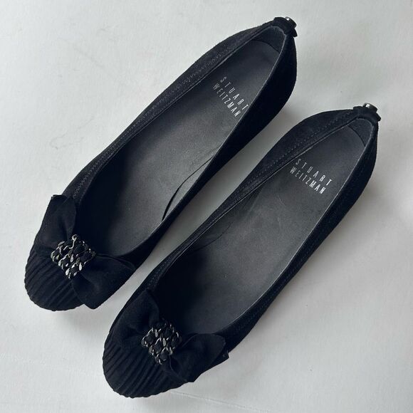 NWOB Stuart Weitzman ‘Pleats’ Chain Bow Wedges in Black Suede Size 8 - Picture 8 of 10